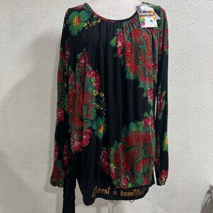 Desigual Colorful Black Red Long Sleeve Top Side Tie Beaded Viscose Floral Med‎
